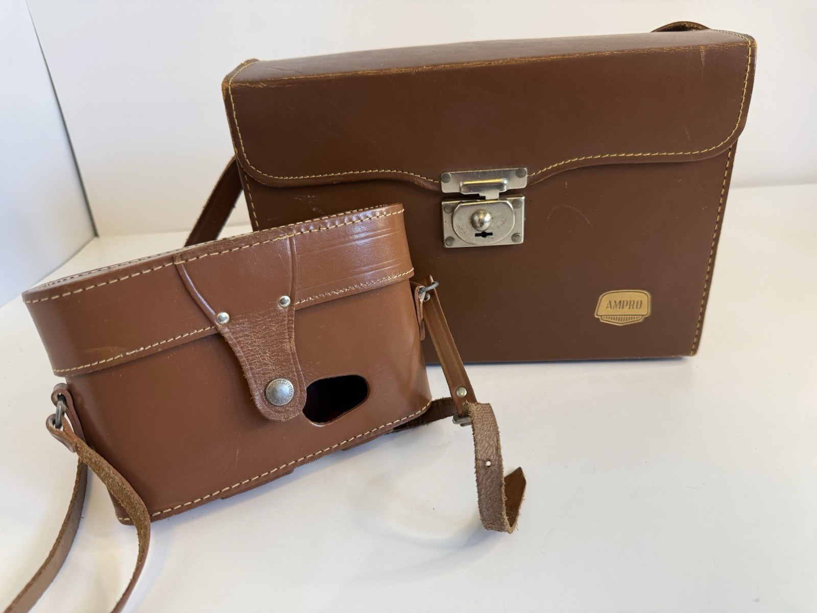 Pair Vtg Ampro & Ansco Brown Camera Hard Cases Strap Clasp Purple Red Lined