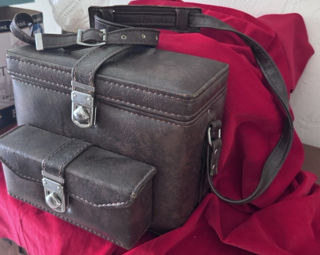 Vintage Camera Case w Film Compartment Hard Body Shoulder Strap Brown Vinyl