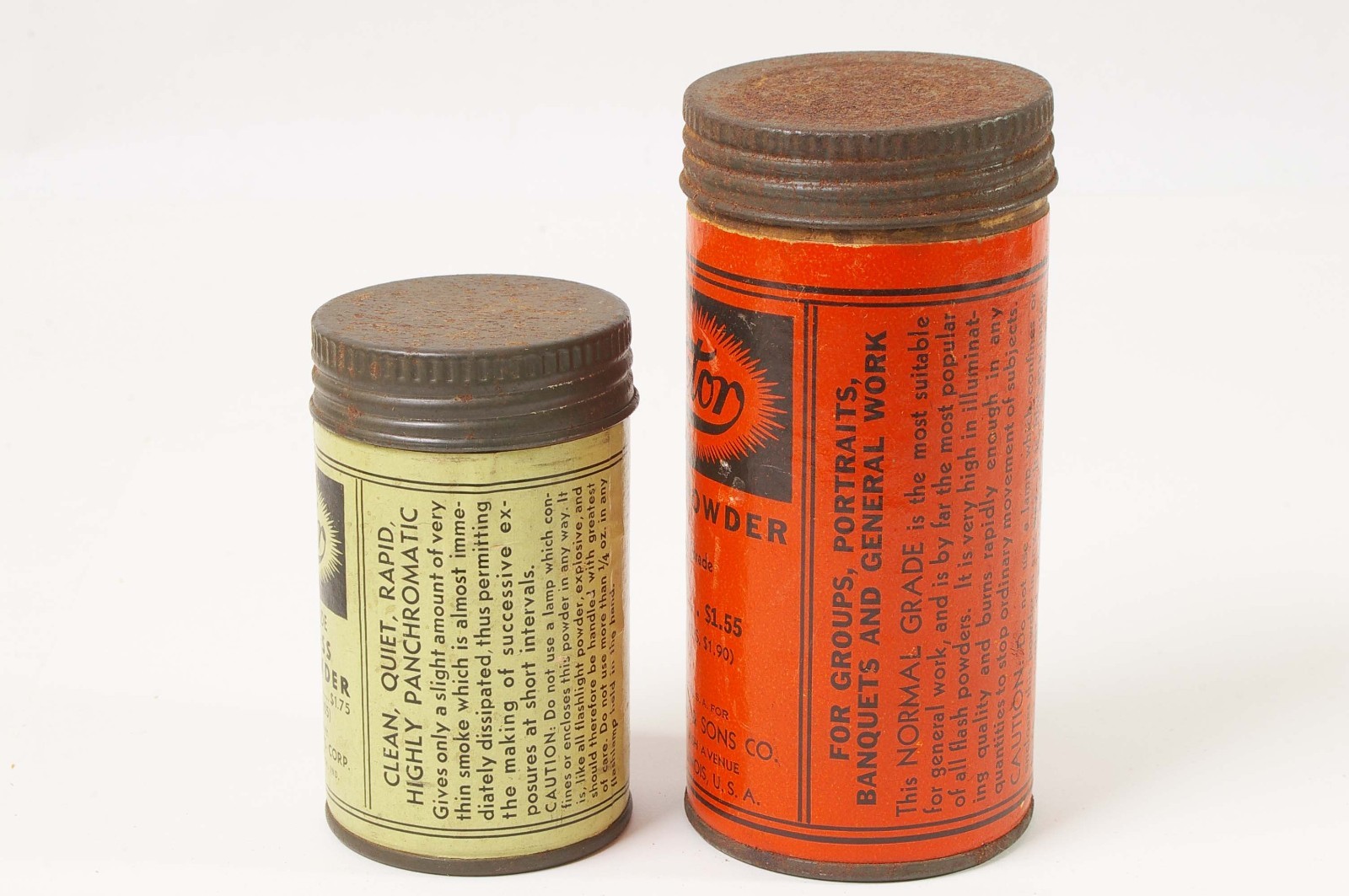 F97917~ Two Victor Flash Powder Cans With Bottles – Empty – J.H. Smith & Sons