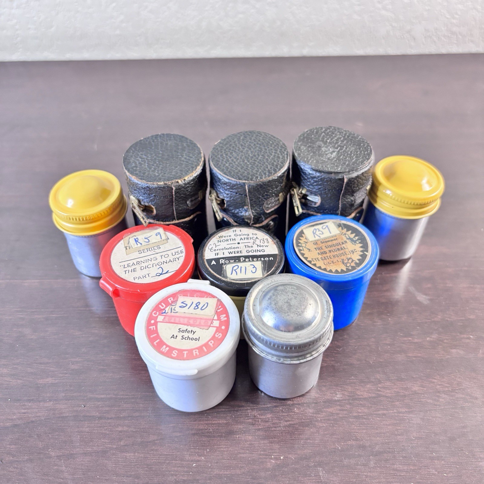 10 Vintage Metal Film Canisters Container Multi-Color Cap w/35mm Film *NOTES*