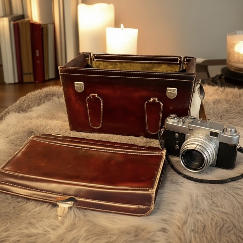 Vintage 1960s Homa Leather Camera Bag-Cowhide-Green Velvet-Midcentury Case-Retro