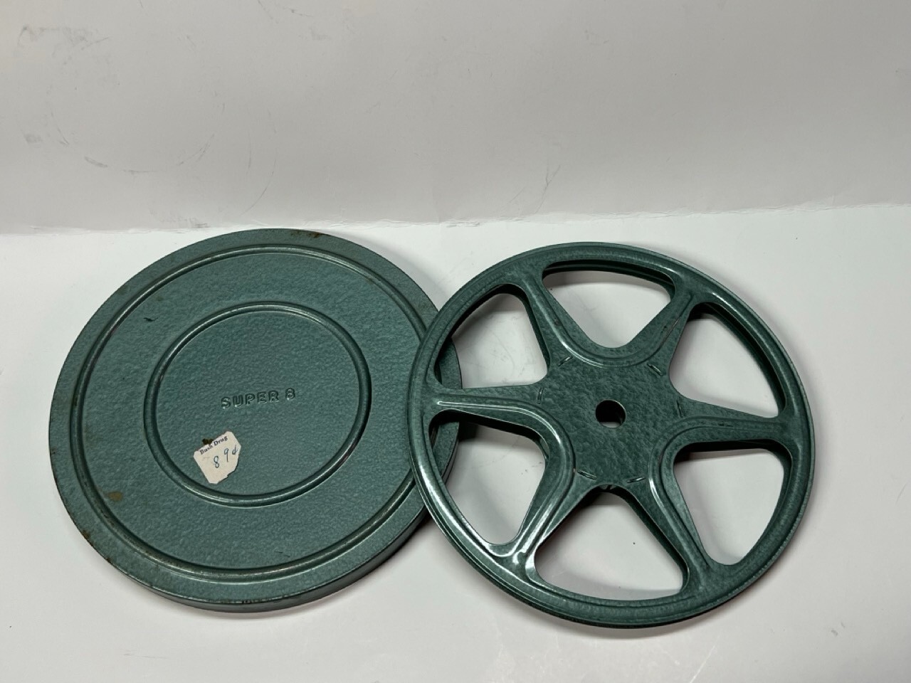 Vintage Metal Green Super 8 Movie Reel & Case Empty Movie Props Decor