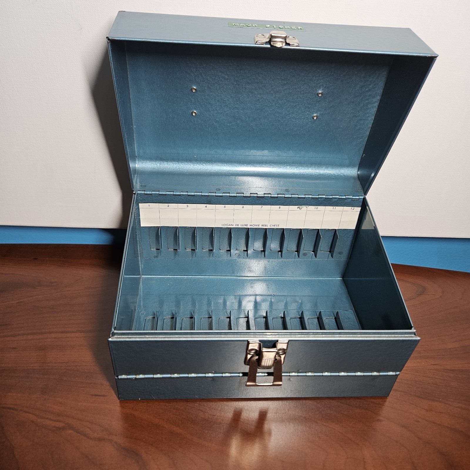 Vintage Logan Deluxe Metal 8mm Film Reel Metal Chest 12 Slots – Blue