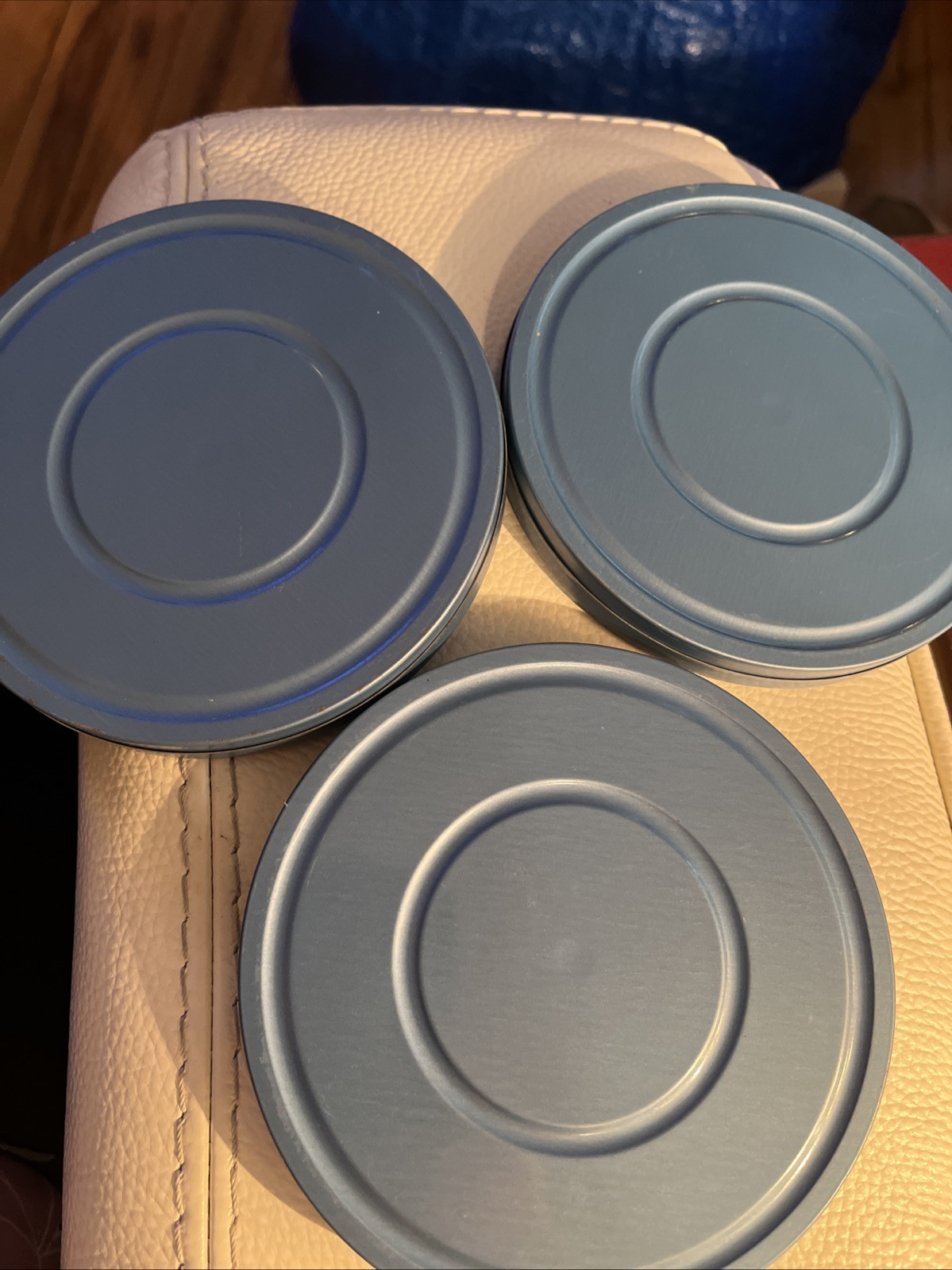 LOT OF 3 VTG Korvette Tin Camera Film Cases w/Metal Film Reels BLUE 5” NOS 8 mm