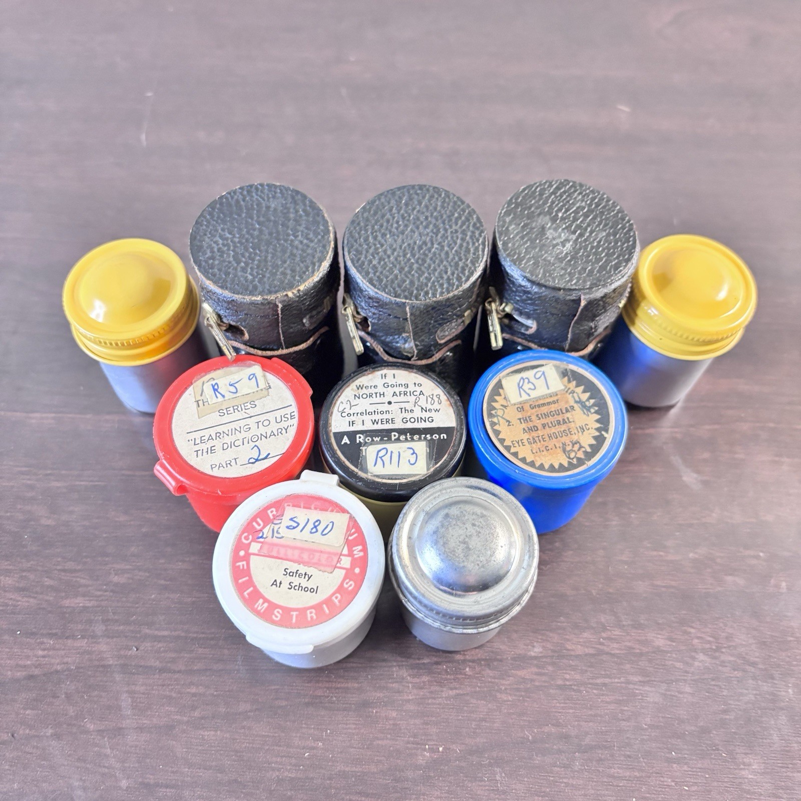 10 Vintage Metal Film Canisters Container Multi-Color Cap w/35mm Film *NOTES*