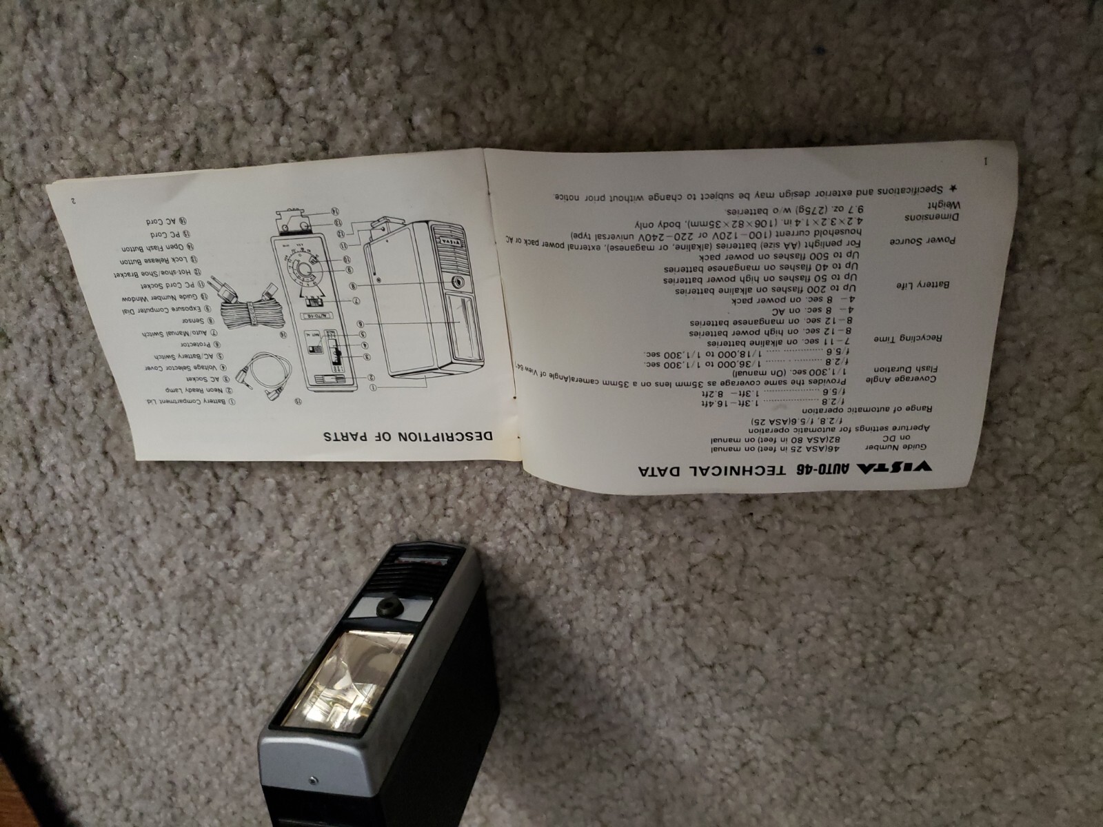 Vista Auto-46 Vintage Camera Flash With Instruction Book Untested Nice Condition