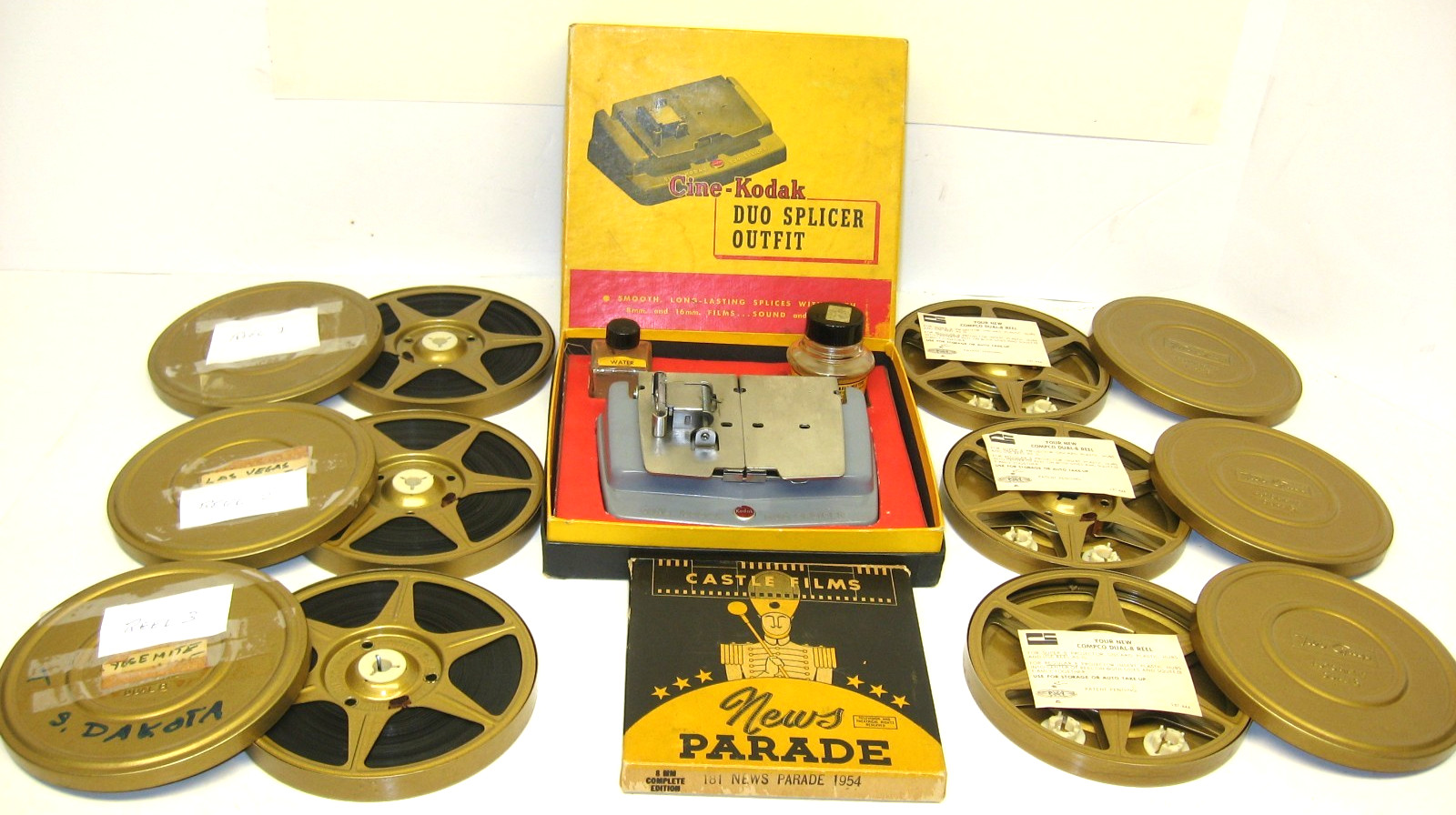 Vintage Cine-Kodak Duo Splicer, 6x Two Guys 8mm Reels/Cans, 1954 News Parade