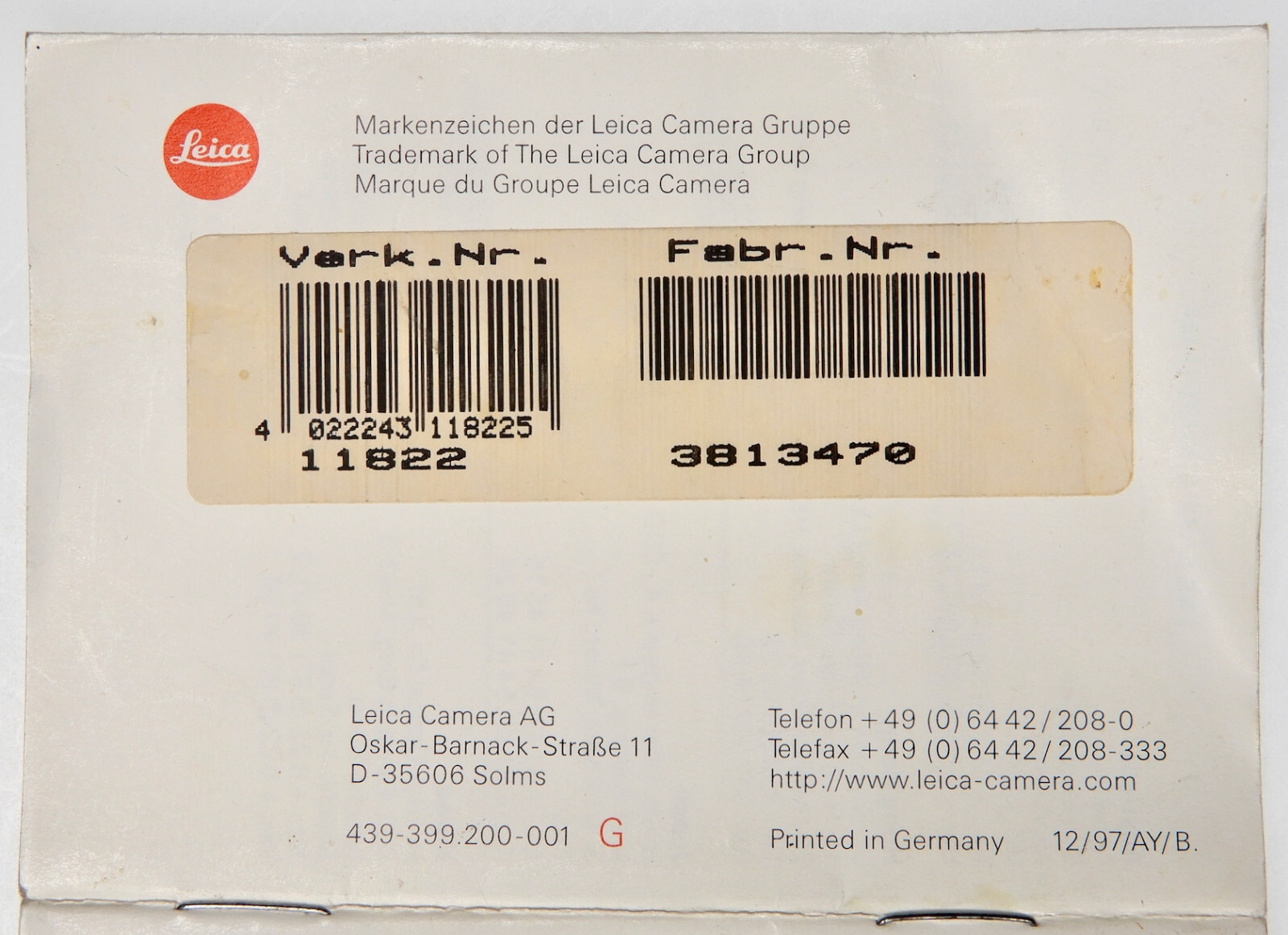 Leica Warranty Card of Leica 50mm f1.0 Noctilux 11822 #3813470