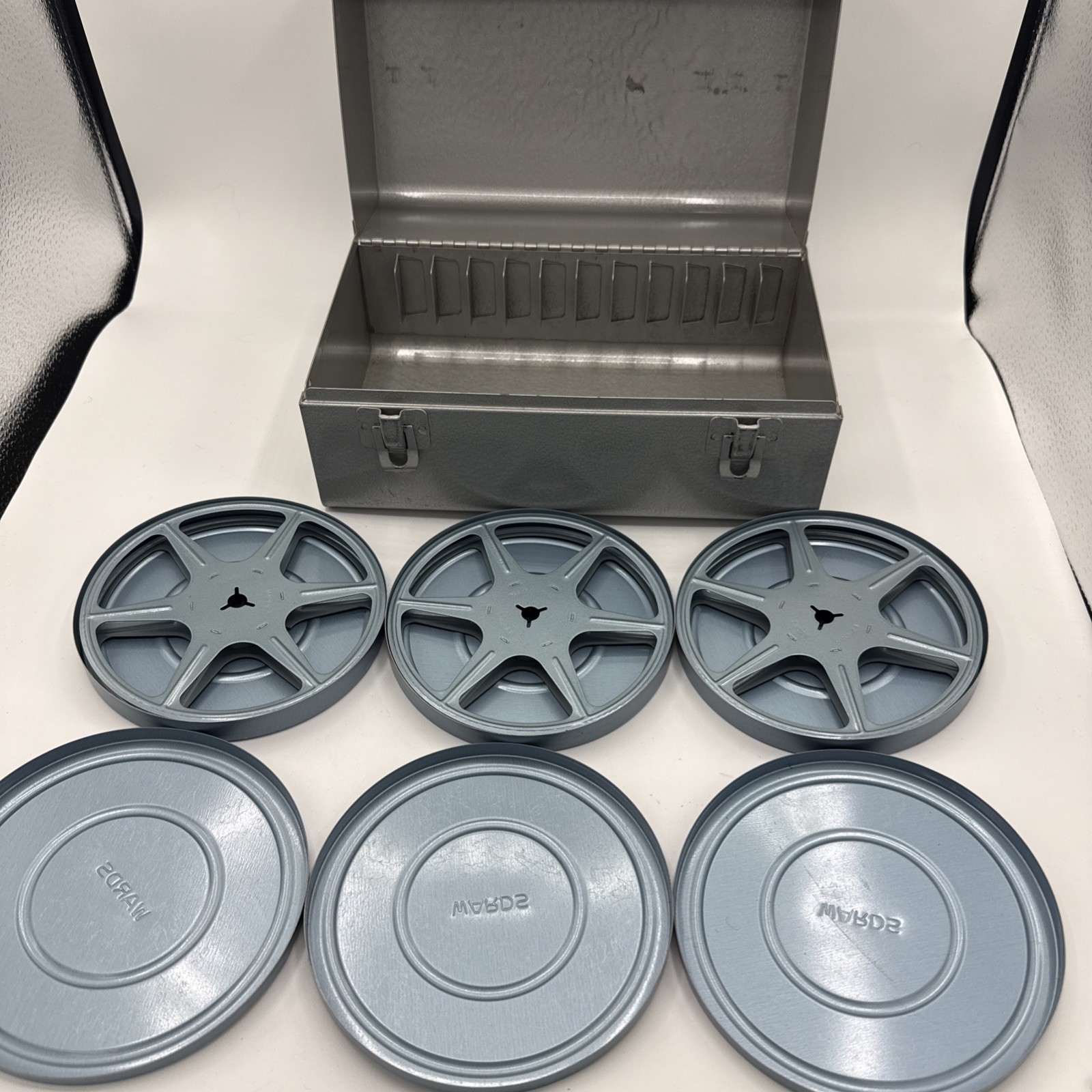Brumberger Vintage Metal Film Can Storage Case Box with 3 – 5″ Reels W/ Tins