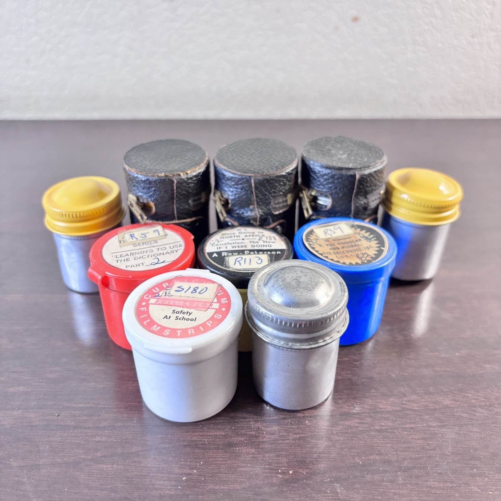 10 Vintage Metal Film Canisters Container Multi-Color Cap w/35mm Film *NOTES*