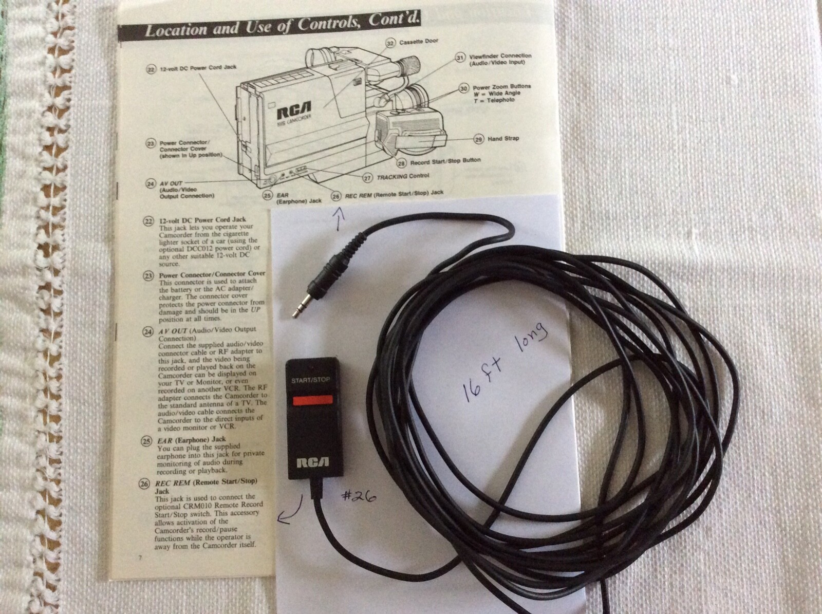RCA Video Camcorder CPR300 Start/Stop remote control 16 feet cable