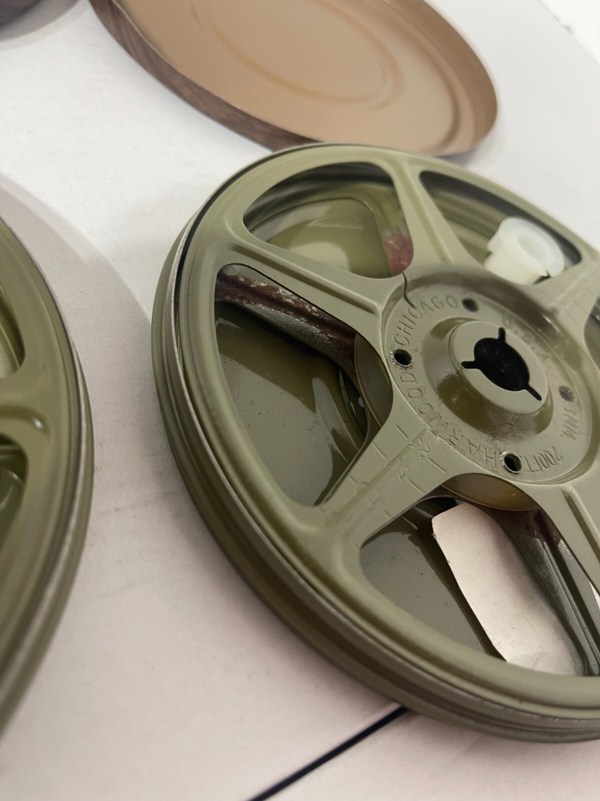 Lot of 2 Vintage Harwood 8mm Reel & Can Film Holders Wood Grain Metal Case