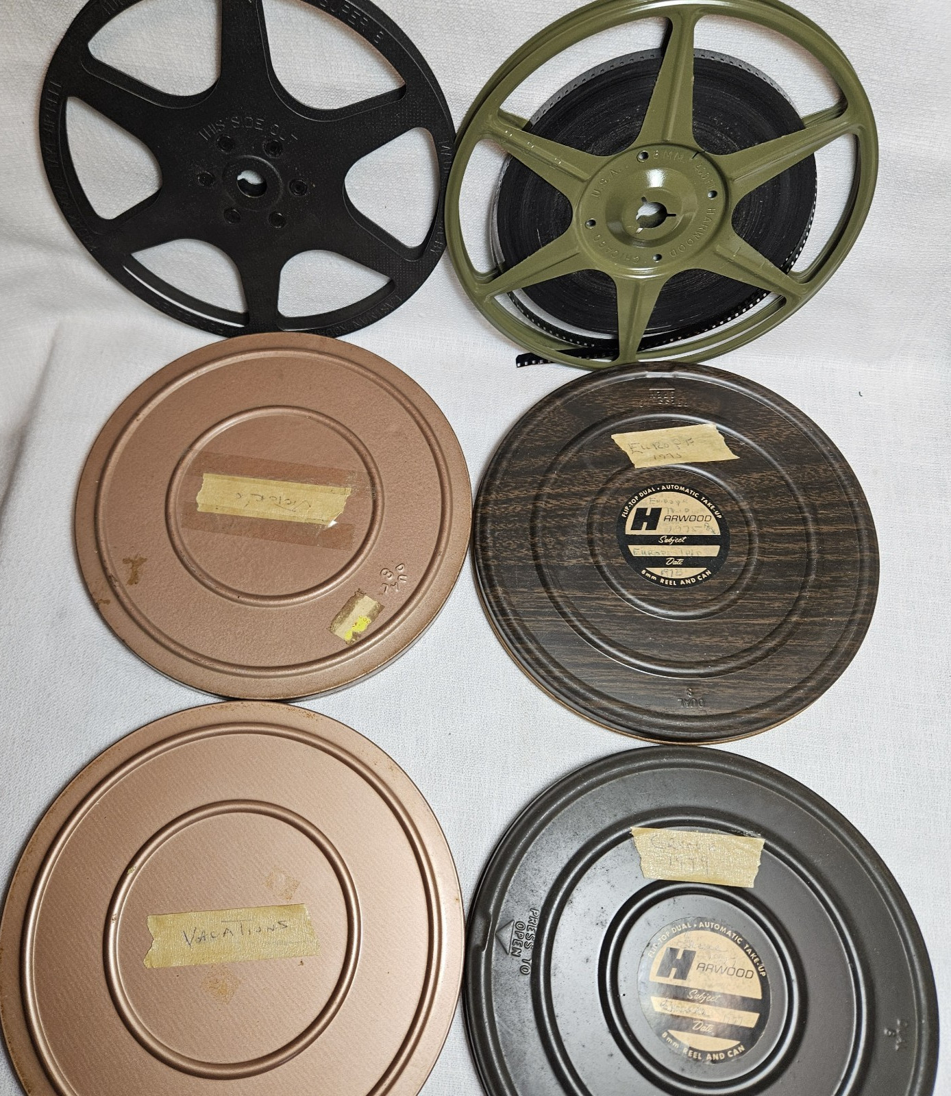 Dual 8 Movie Reels (6) • 7″ Metal Cans (4) & Reels • 8mm 400ft • Used • ’71-’79