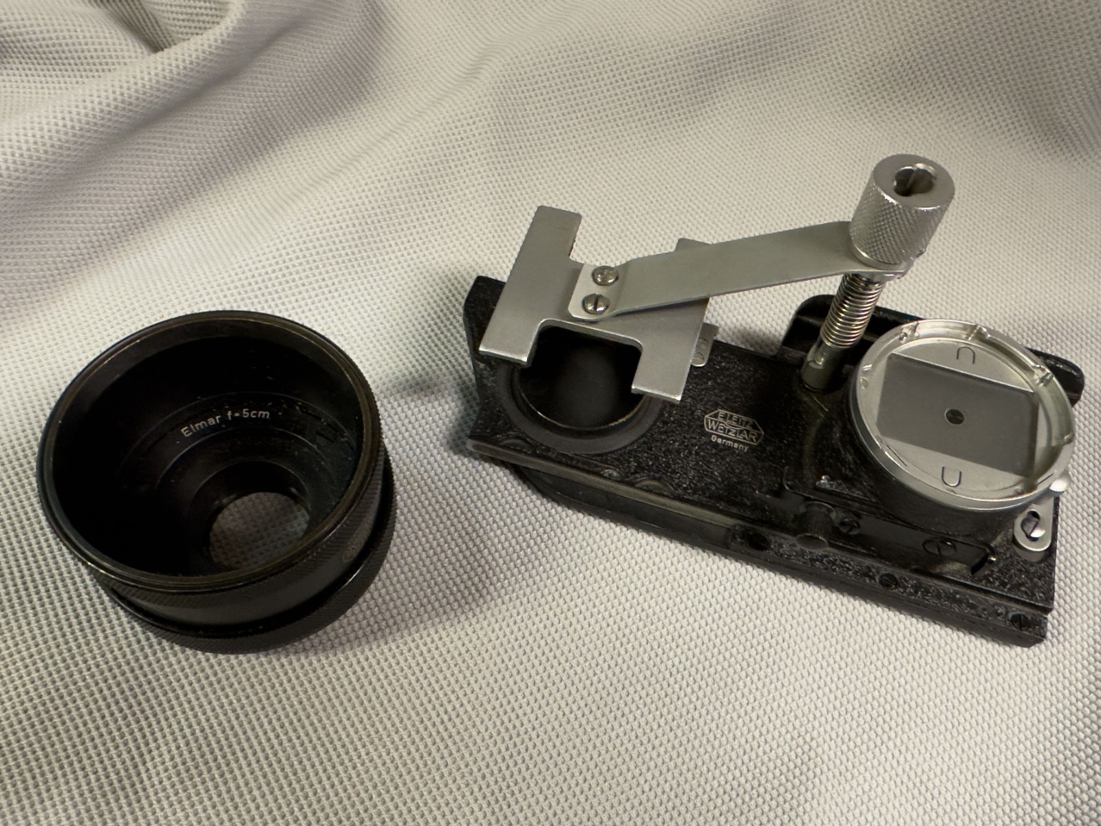 Leitz Wetzlar Leica Camera Focusing Slide (M39) and Elmar 5cm Helical Focus mnt.