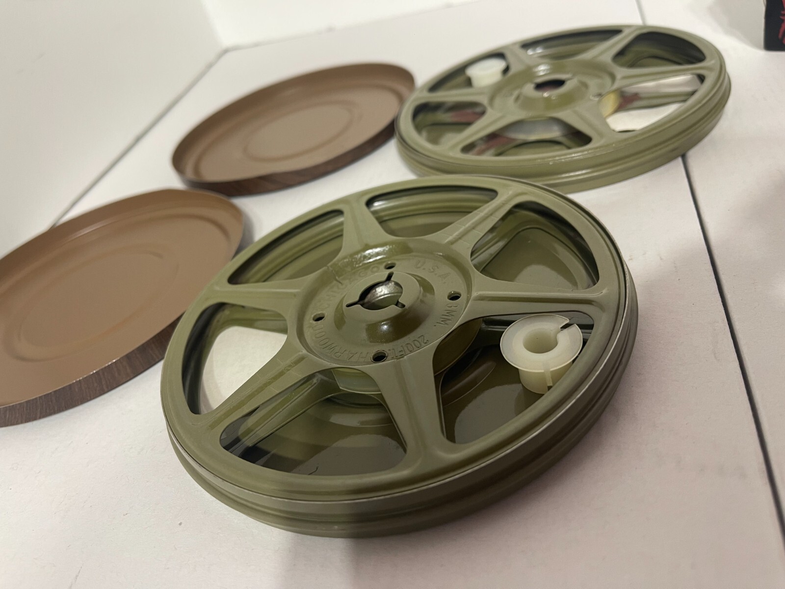 Lot of 2 Vintage Harwood 8mm Reel & Can Film Holders Wood Grain Metal Case
