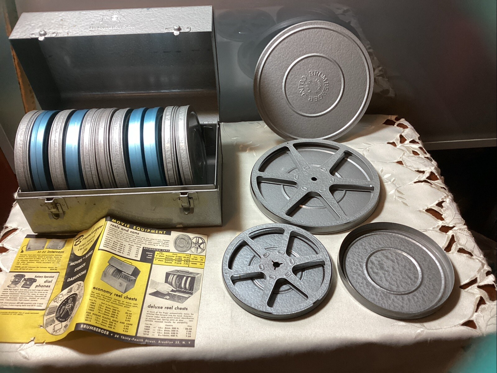 Vintage Brumberger Metal Case With 12 – 5” Movie Reels And Extra Bonus 7” Reel