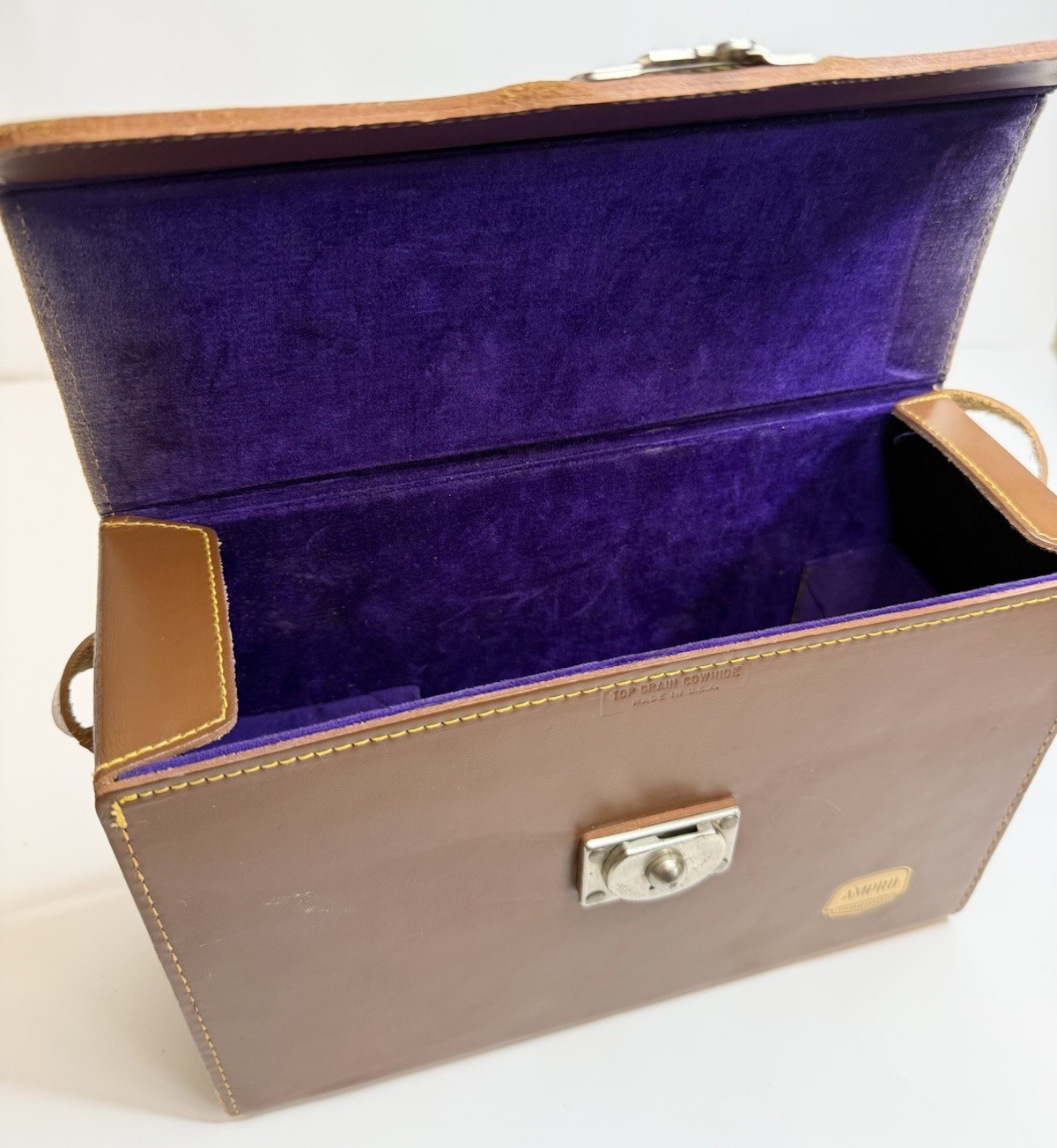 Pair Vtg Ampro & Ansco Brown Camera Hard Cases Strap Clasp Purple Red Lined