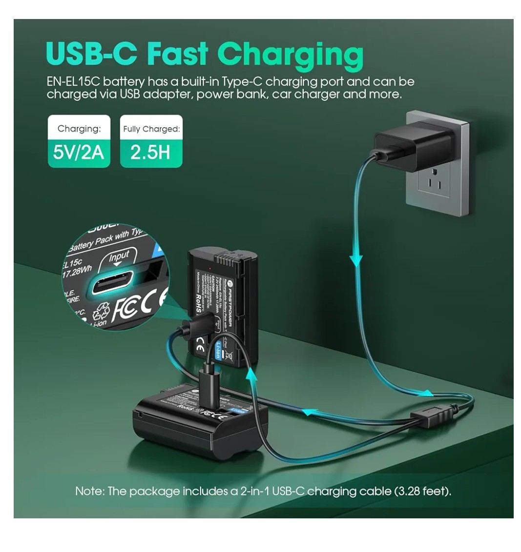 FirstPower EN-EL15C 2400mAh 2-Pack Replacement Battery with USB-C Fast Charging