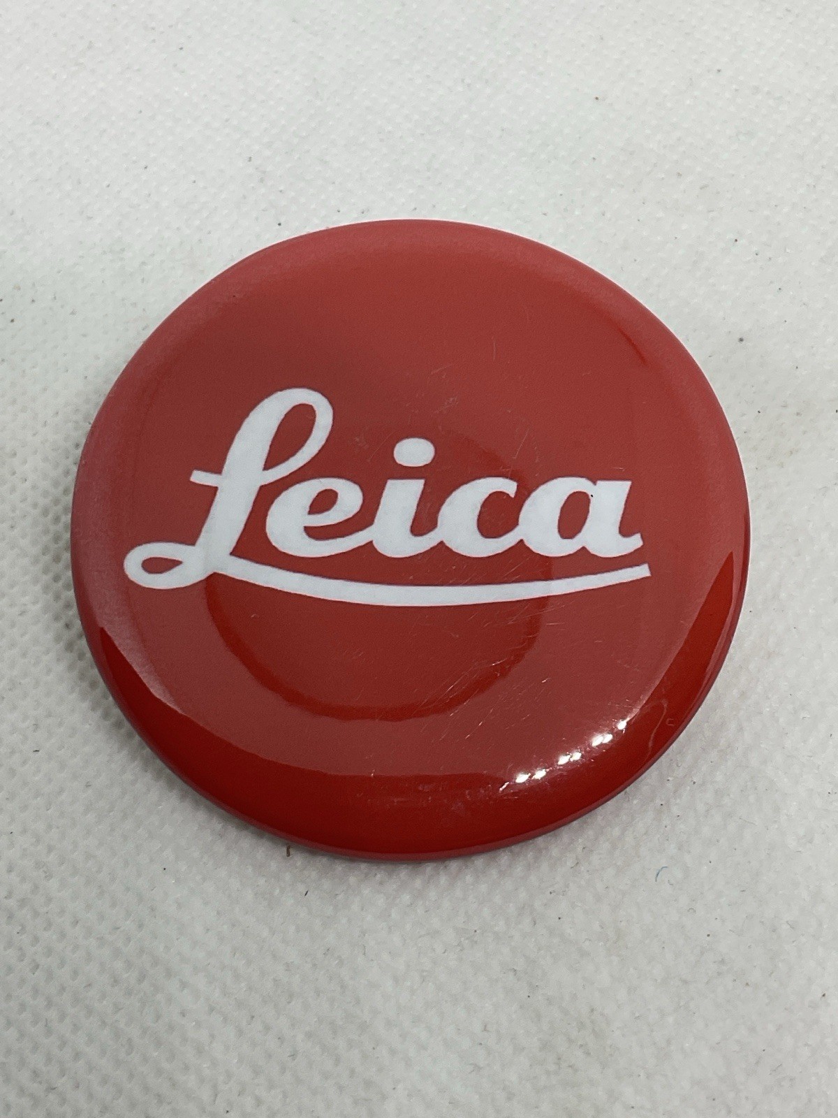 Rare Metal LECIA Red Painted Camera, Binocular Fan Pin/Badge/Button, 2.19” wide