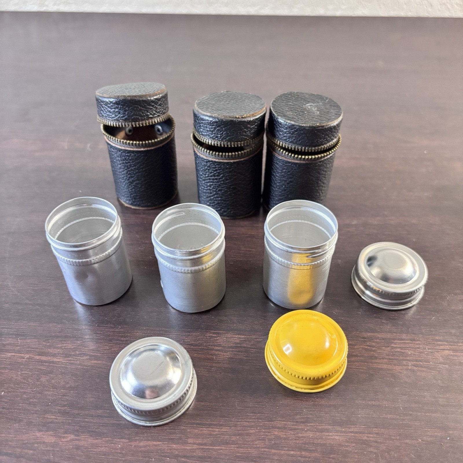 10 Vintage Metal Film Canisters Container Multi-Color Cap w/35mm Film *NOTES*