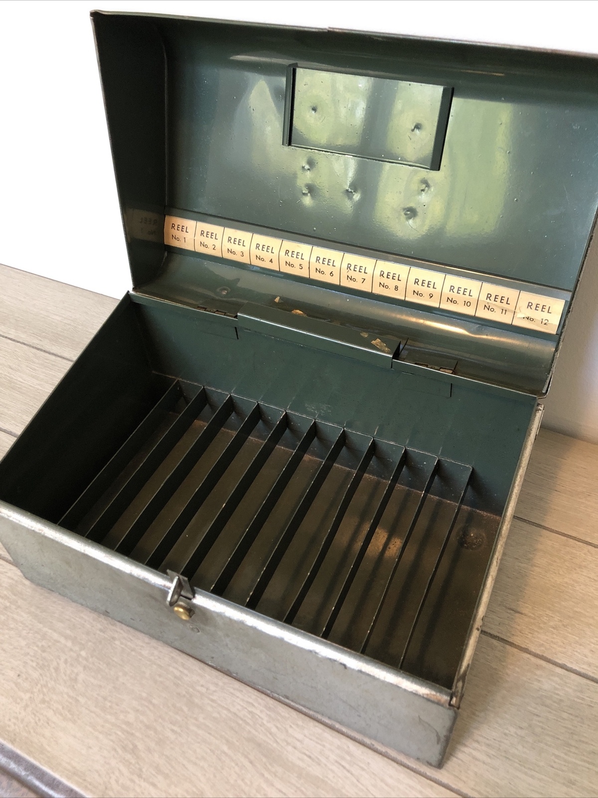Vintage Metal Storage Case Box for 8mm Movie Reels, Holds 12, Latched w/ Handle