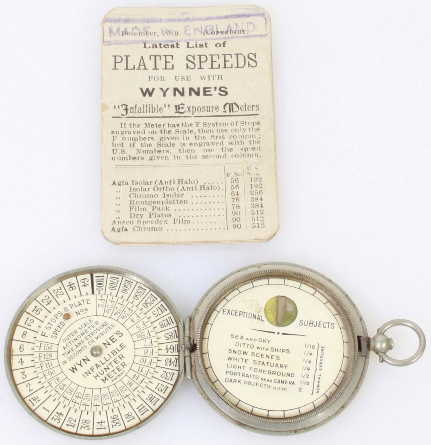 Wynnes Exposure Meter w/ Plate Speeds for Display