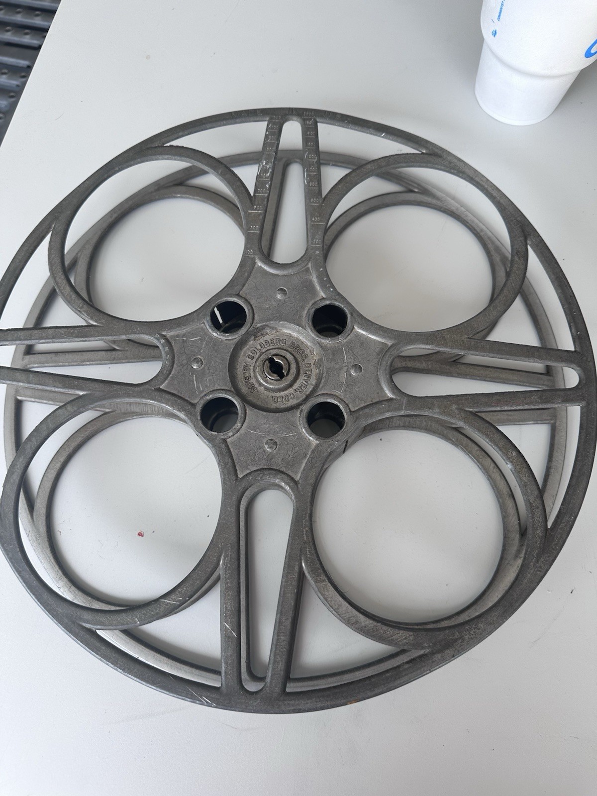 VINTAGE ANTIQUE 35mm FILM PROJECTOR REEL 2000′ GOLDBERG BROS. w/ENGRAVED NUMBERS
