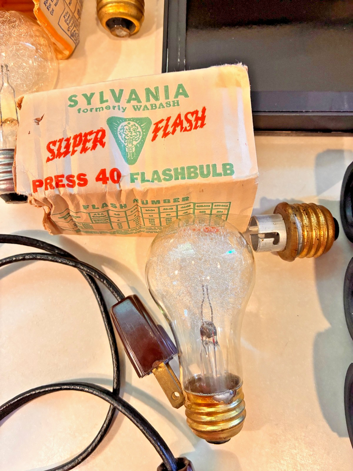 VTG Photography Equipment Lot -Flashes, Film Holder, Dark Sheets, Bulbs, Case