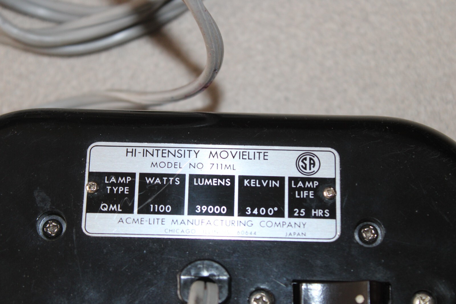Vtg ACME-LITE Manufacturing Model 711 ML High Intensity Movielite Works Great