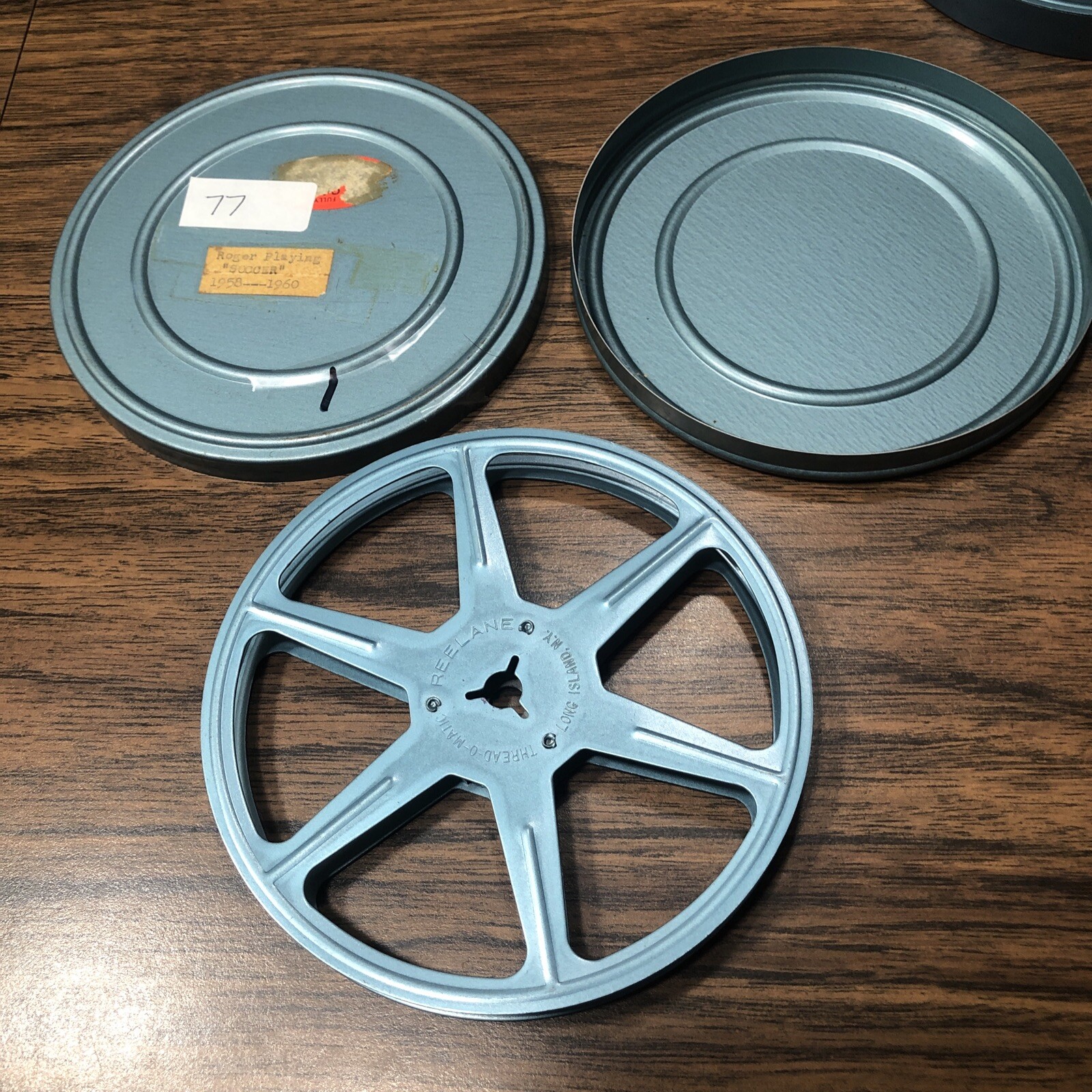 Lot of 2 Blue 8mm Film 5” 200’ Metal Reels & Cans Reelane Thread-o-matic USA