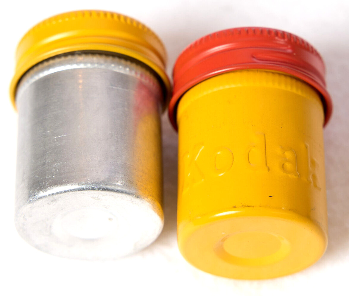 Lot of 2 – Vintage Kodak Metal 35mm Film Canisters Silver Yellow Orange