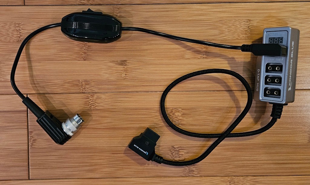 Bolex EBM 7-pin Right-Angle Power Cable w/Switch, Unregulated D-Tap, ~45cm (18″)