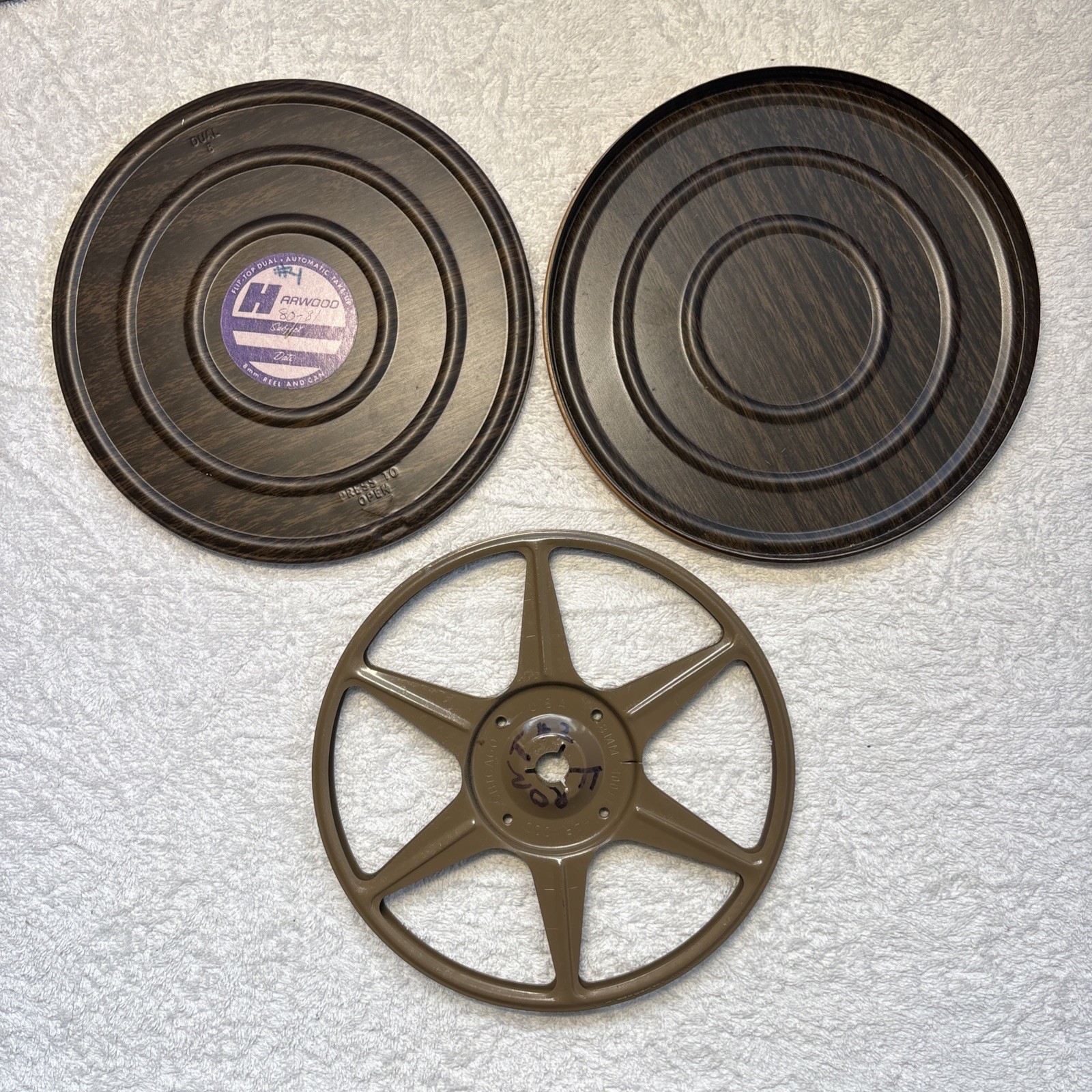 2 Dual 8 Harwood Flip-Top Dual Woodgrain Can with Harwood Reel / Kodak Reel READ