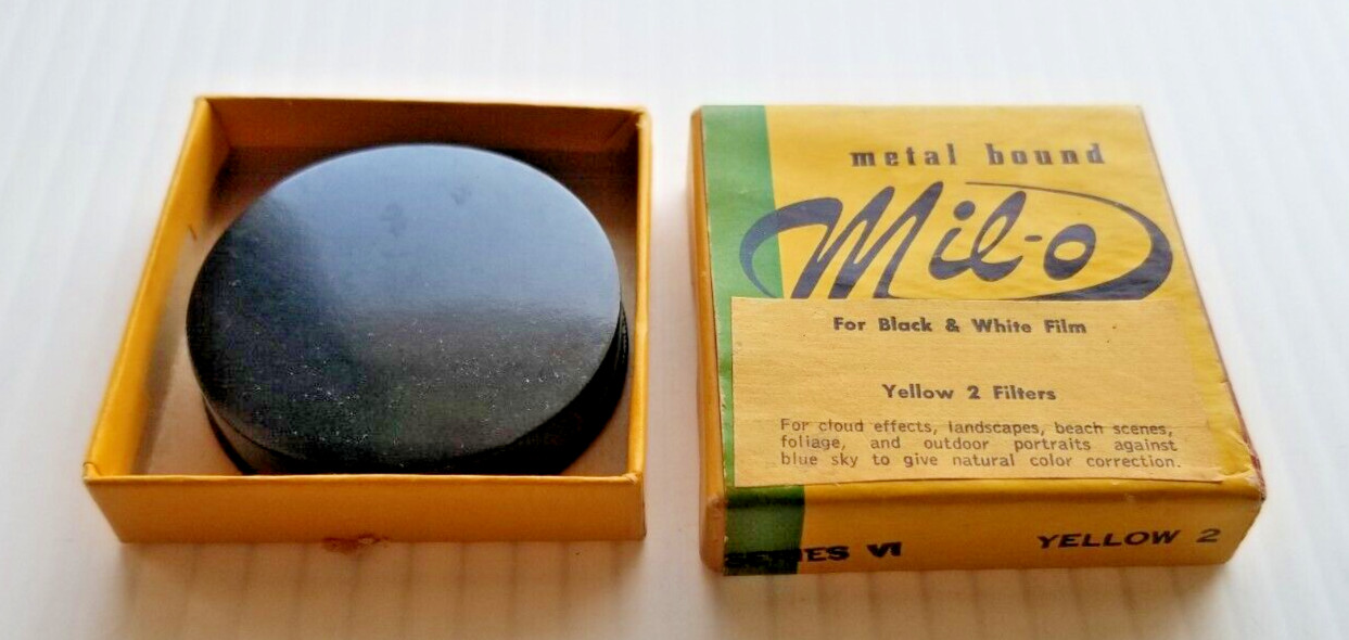 Vintage in Box Mil-O Yellow 2 Camera Metal Bound Filter For B/W Film