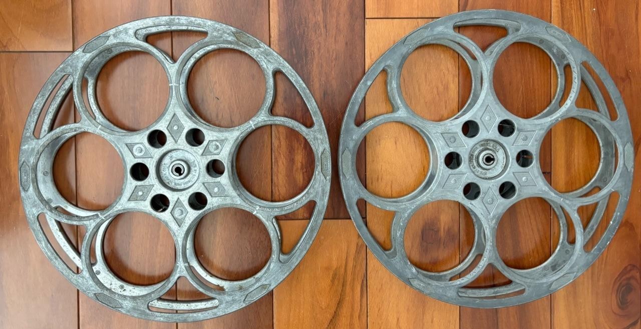 Vintage Set of 2 Goldberg Bros Denver 35MM Cast Aluminum 6 Hole 15″ Film Reels