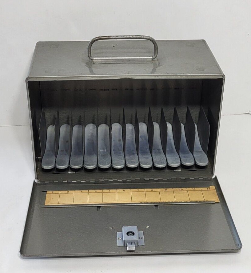 Vtg Brumberger 8 mm metal reel holder case storage bin 1950 mid century 12 Rolls