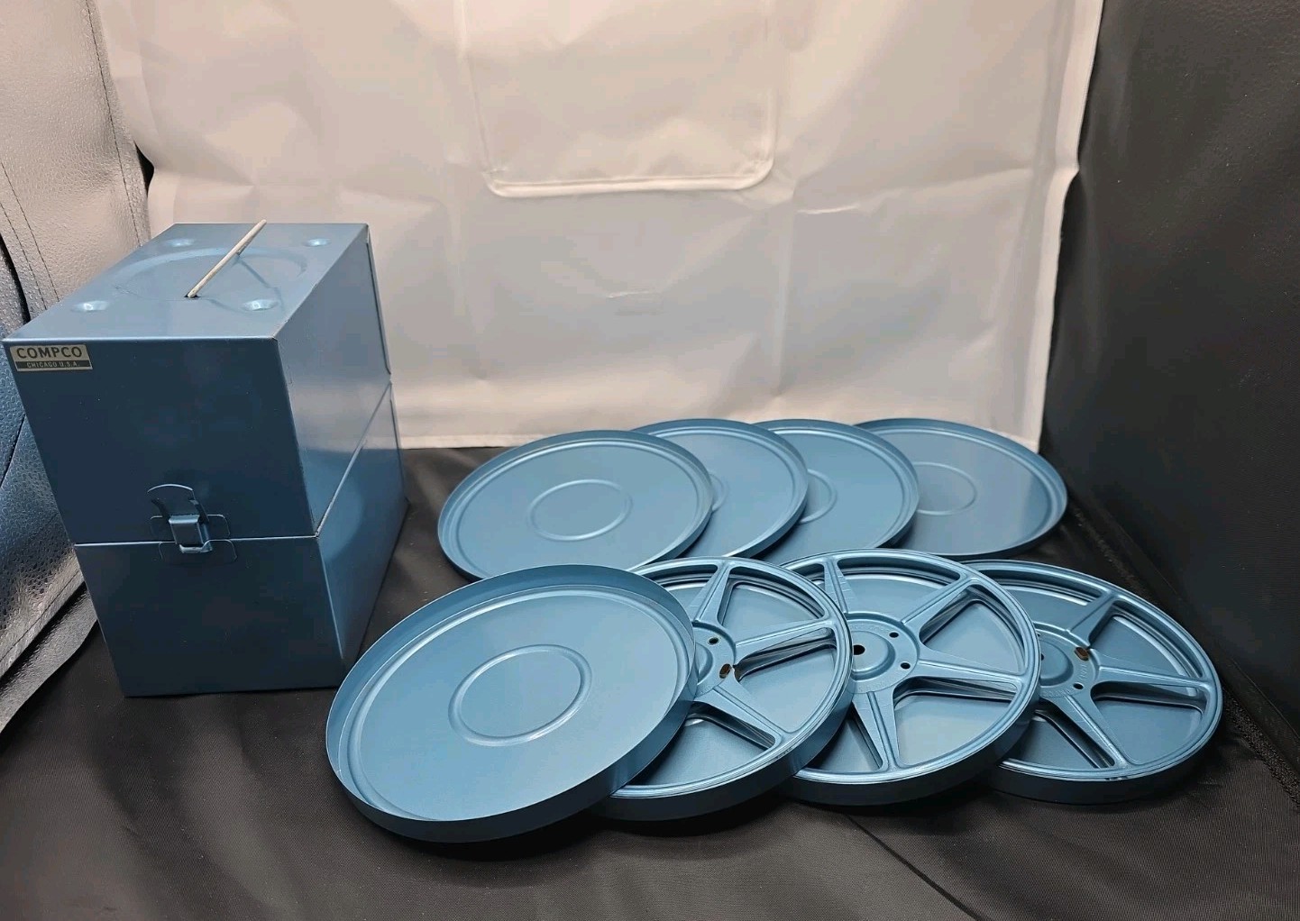 Vintage Compco Film Carrying Case with 8mm Reels and Tins Blue