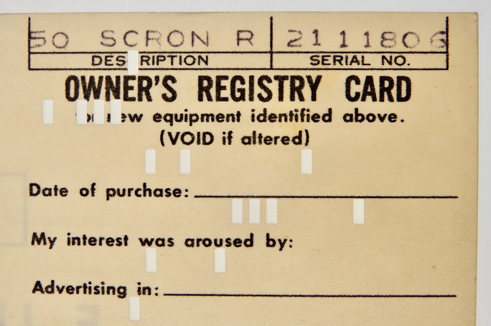 Owner’s Registry Card of Leica 50mm f2 Summicron-R #2111806