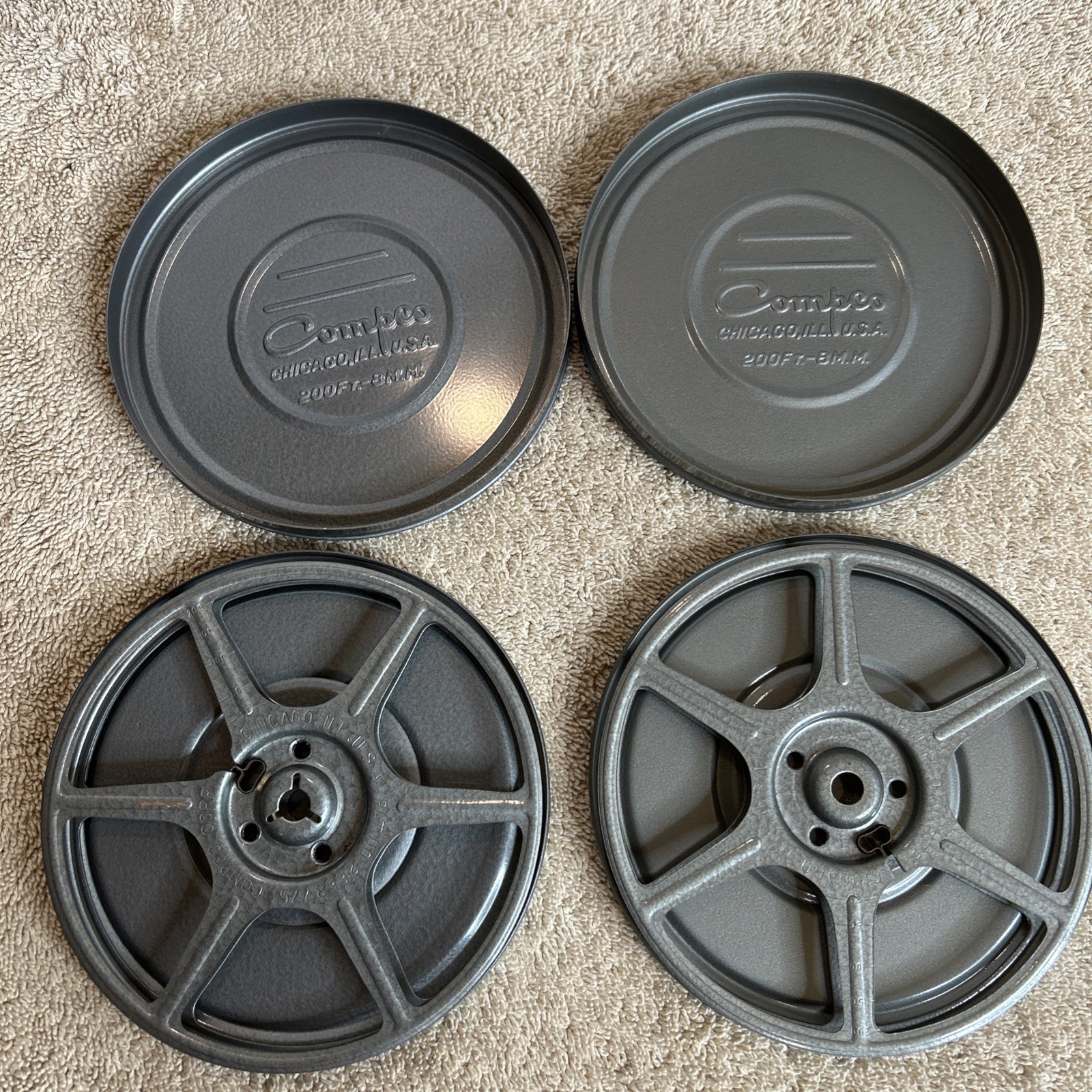 Two Vintage Compco Film Canisters And Reels. Two Different Grey Colors 100-R04
