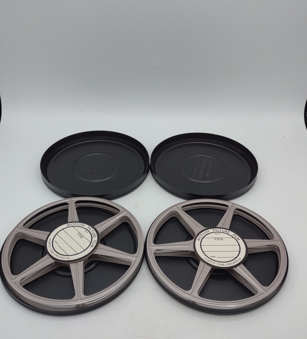 2 Vintage Compco 300 ft 8mm Film Canister and Take Up Reel 6″ USA Metal Case