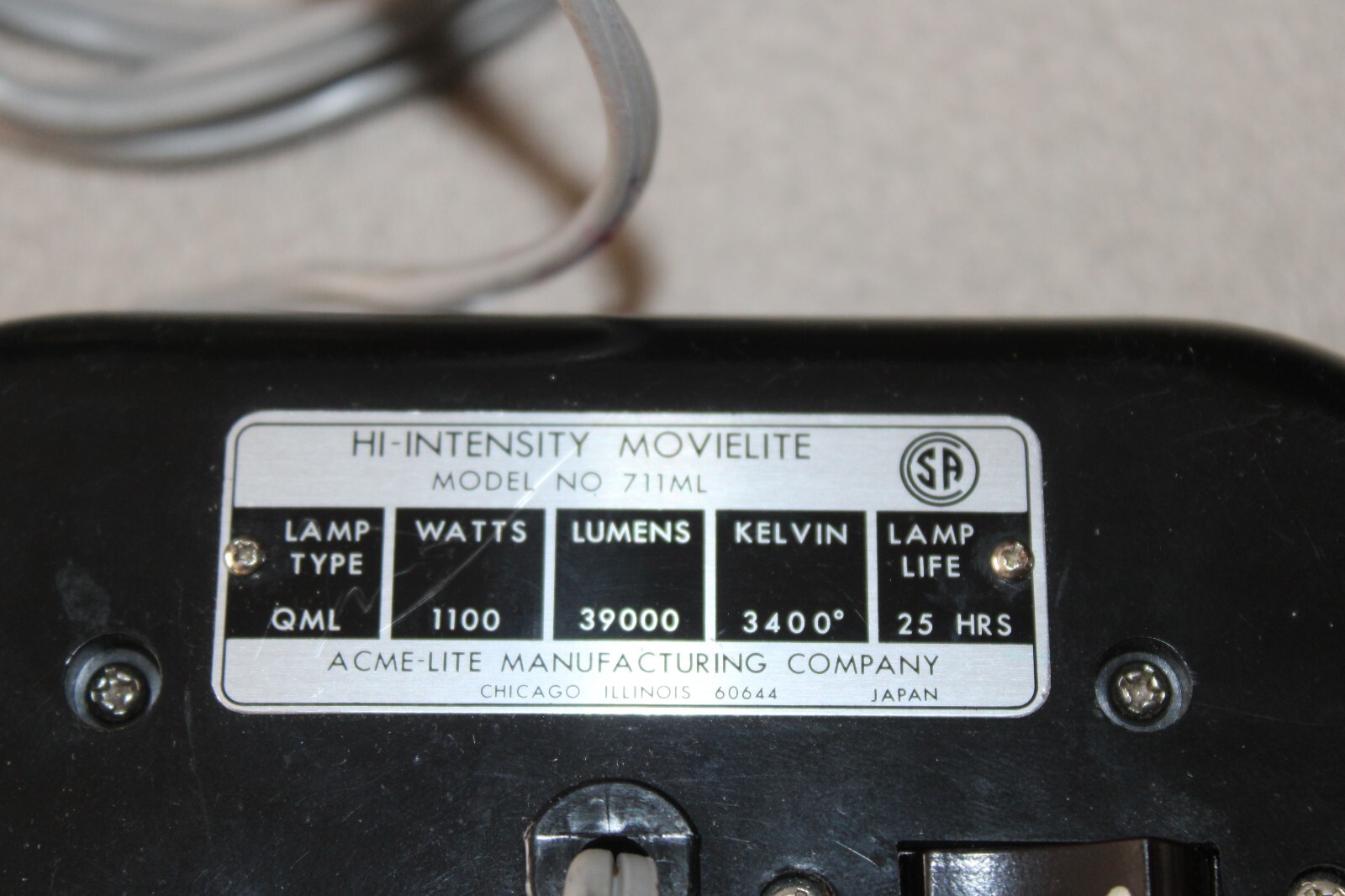 Vtg ACME-LITE Manufacturing Model 711 ML High Intensity Movielite Works Great
