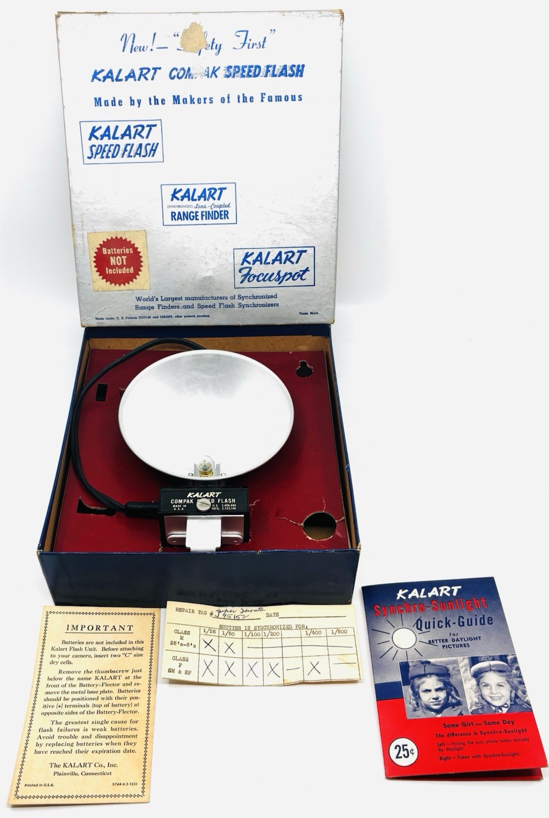 KALART COMPAK SPEED FLASH in Box with CABLE BULB INSERTS SUNLIGHT GUIDE VINTAGE