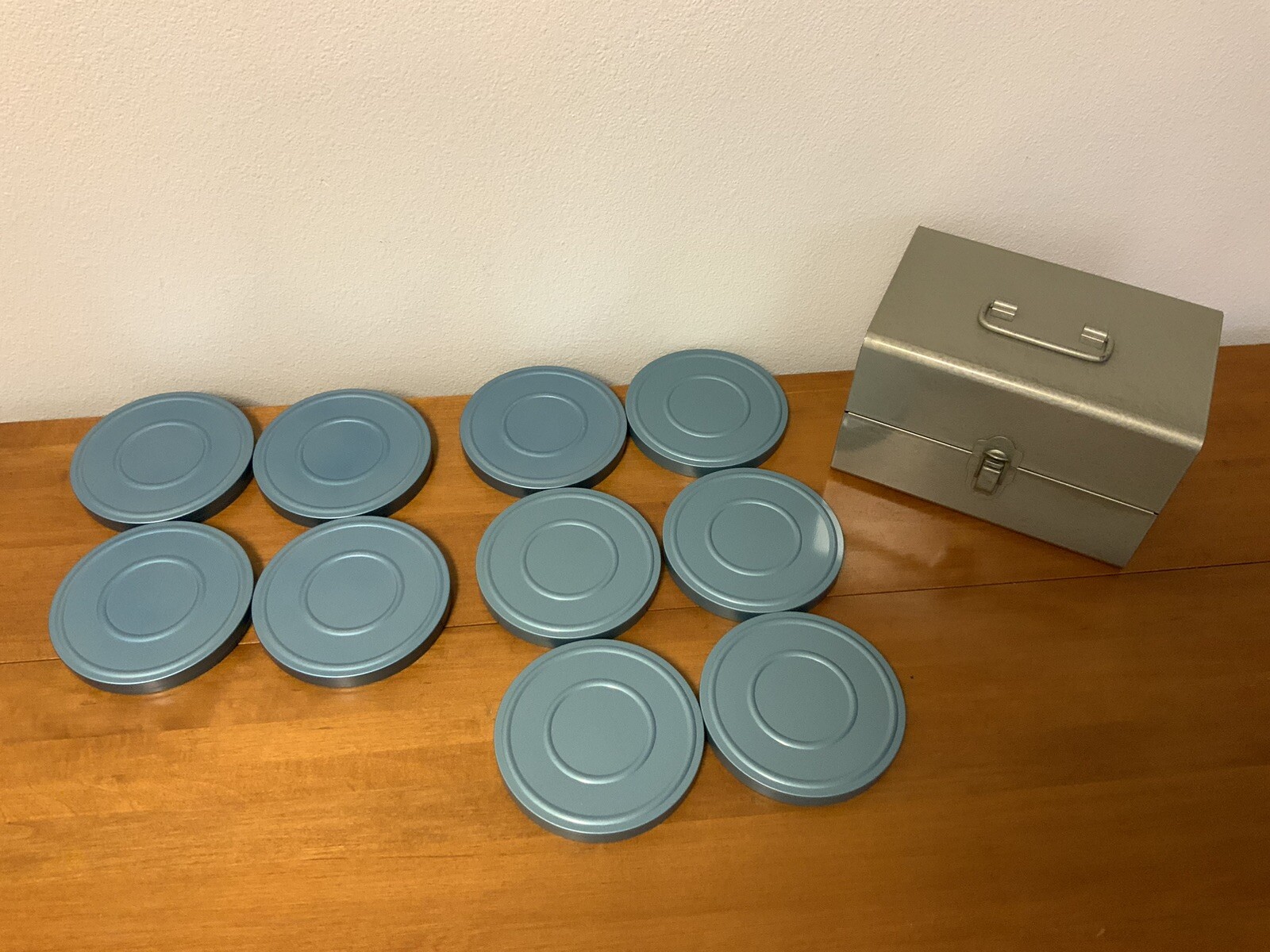 Vintage 200 ft 8 mm Film Reels + 10 Metal Cases Compco + Scherer + Carry Box