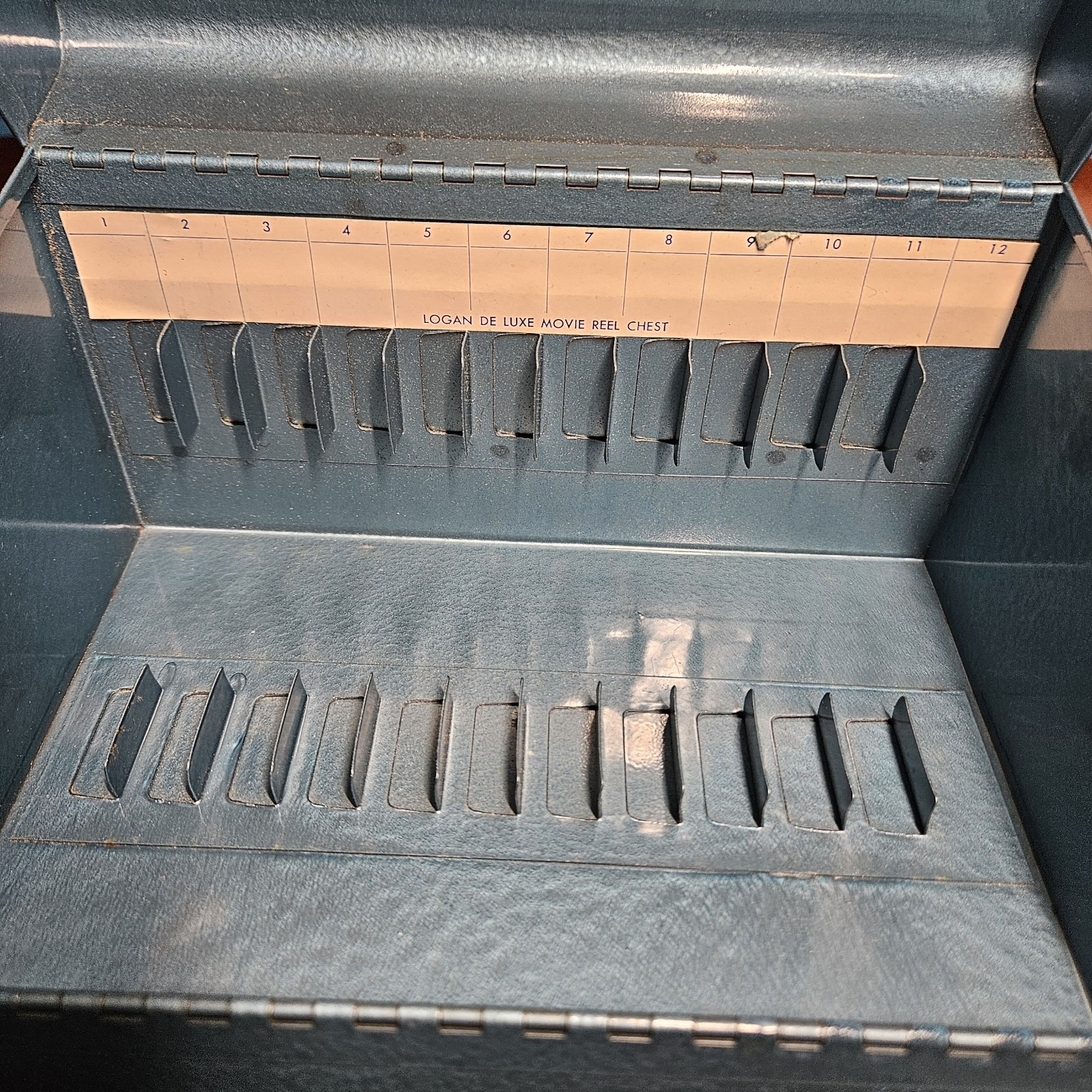 Vintage Logan Deluxe Metal 8mm Film Reel Metal Chest 12 Slots – Blue