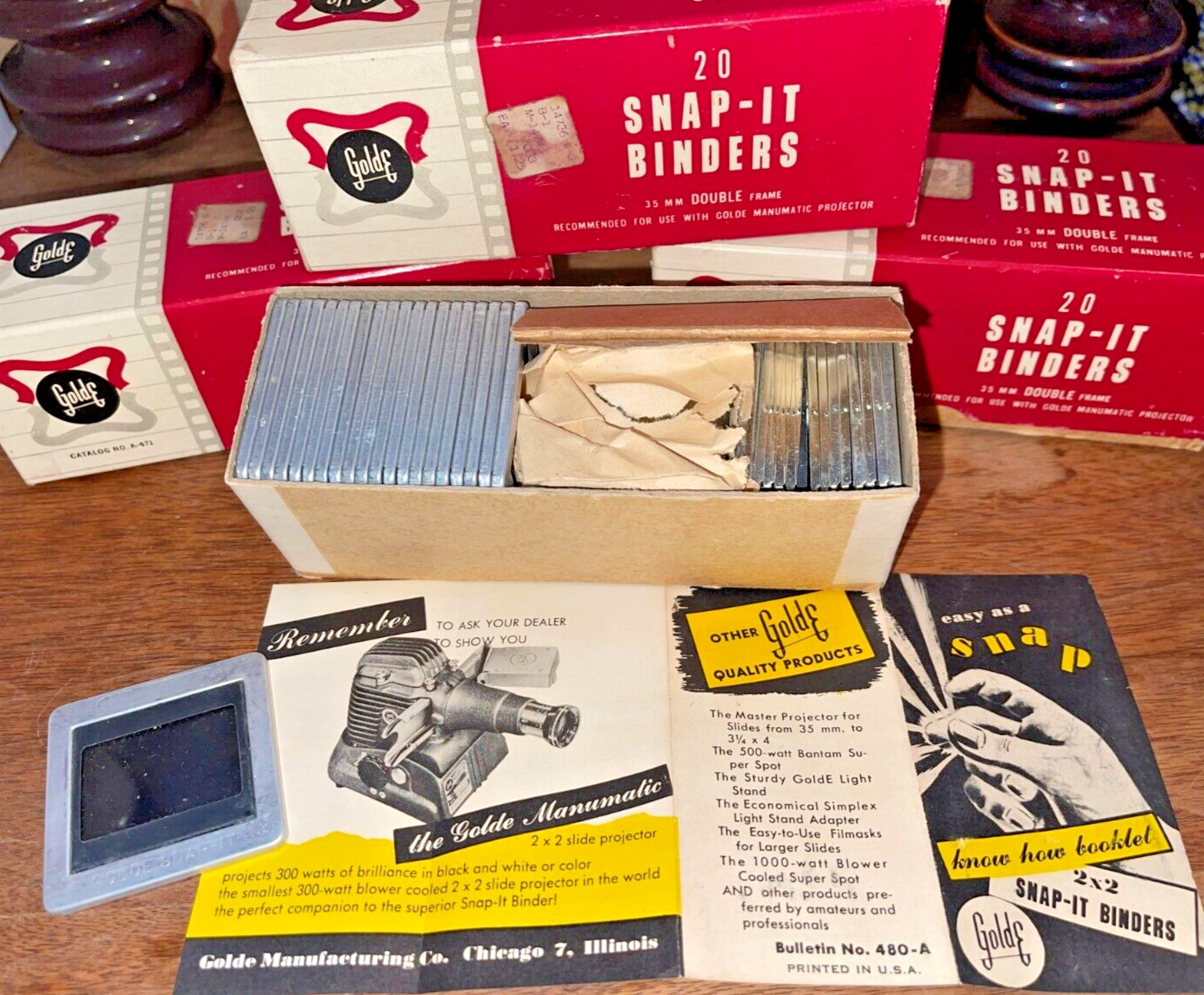 RARE 1940’s NOS LOT 3 BOXES GOLDE SNAP-IT 2″ X 2″ 35mm SLIDE BINDERS W/BROCHURE