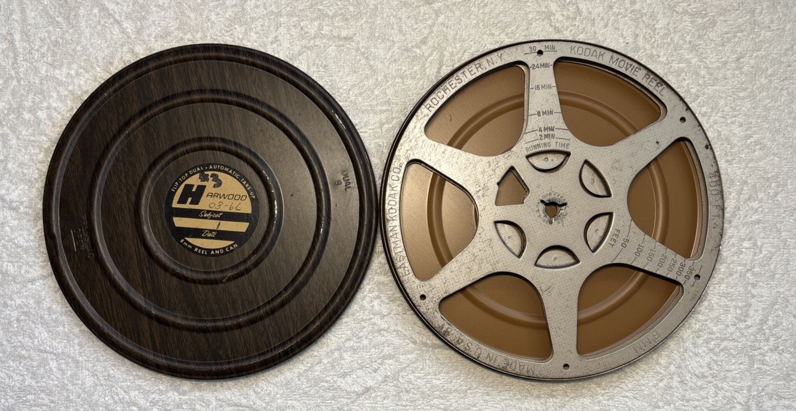 2 Dual 8 Harwood Flip-Top Dual Woodgrain Can with Harwood Reel / Kodak Reel READ
