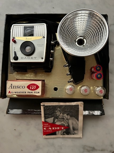 Vtg 50’s ANSCO CADET Camera outfit in original box w/flash,manual,bulbs, & film