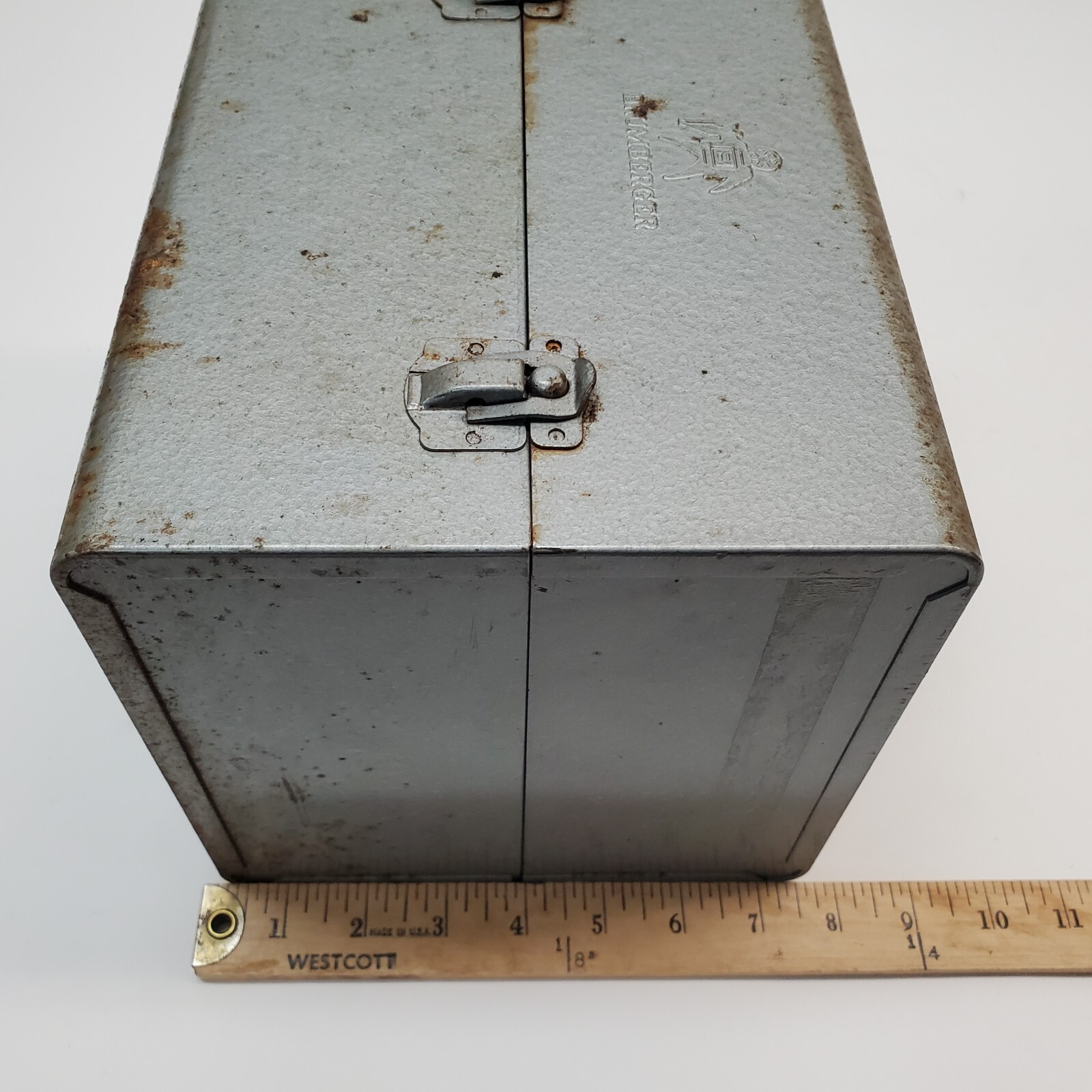 Vintage Brumberger Metal Case for 8mm Film Cans 12 Slots 9.5×7.5×7.5″