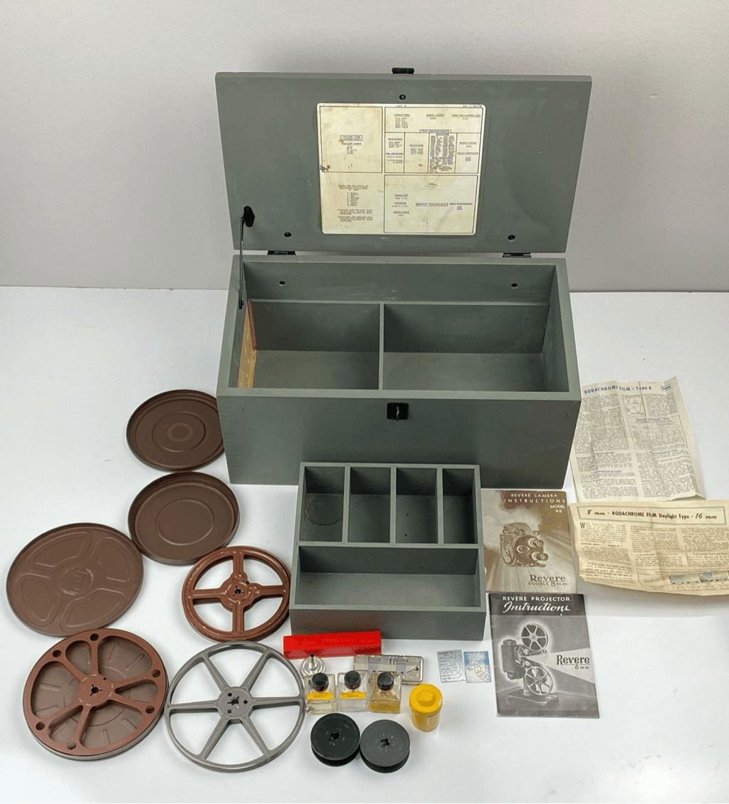 Vintage Electronics Spare Parts Wood Box + 8mm Revere Projector Camera Parts USA