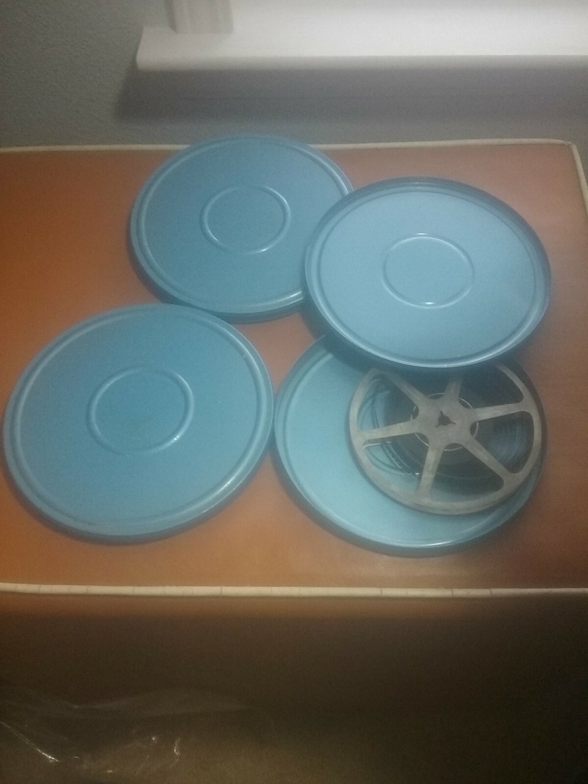 Vintage Compco 7″ Reelane Metal Film Reel 8mm Lot of 3 AQUA Blue Green with film